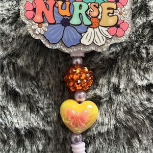 Nurse Badge Reel Charm Lanyard with Yellow Heart and Orange Bead